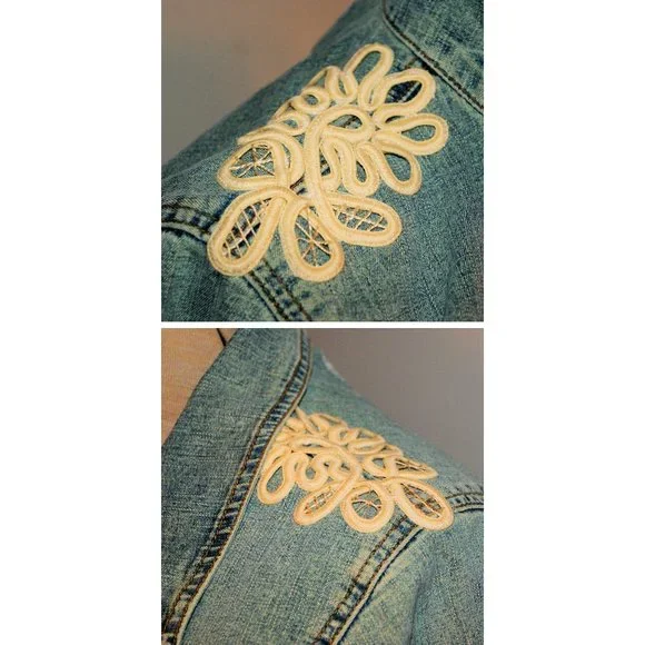 Denim Jean Jacket Upcycled Vintage Distressed Military Style - Picture 6 of 9